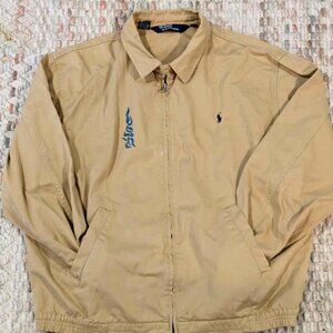 Vintage Ralph Lauren Jacket Mens XL Tan Zip Up Harrington Vintage Red Blue Swirl